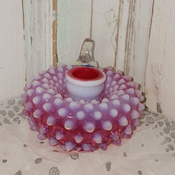 Vintage Fenton Cranberry Opalescent Hobnail Candlestick Holder - Picture 4 of 7